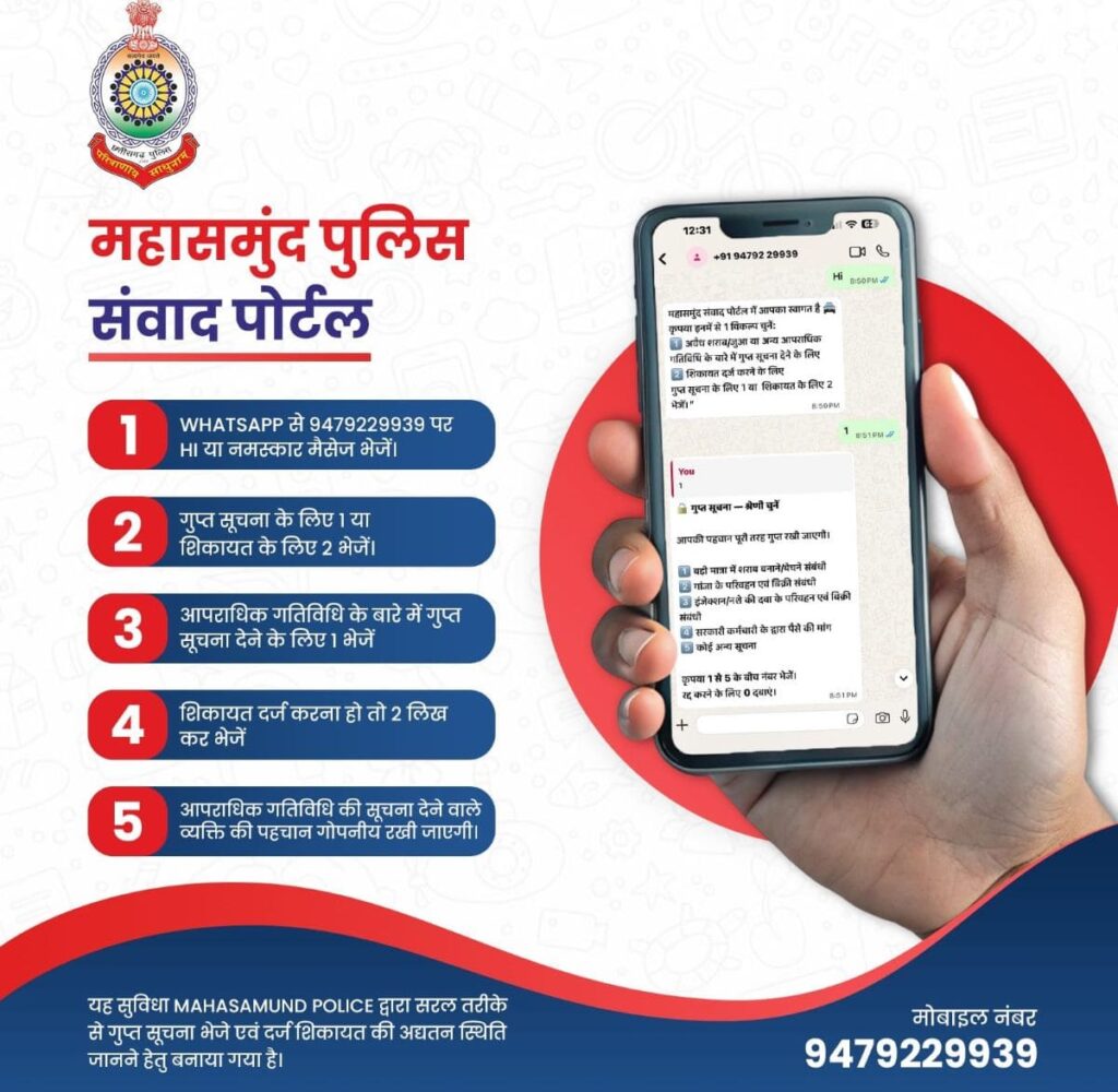 महासमुंद: “संवाद” हेल्प डेस्क से एक्शन तेज, 31 मामलों में कार्रवाई। संवाद msd police image